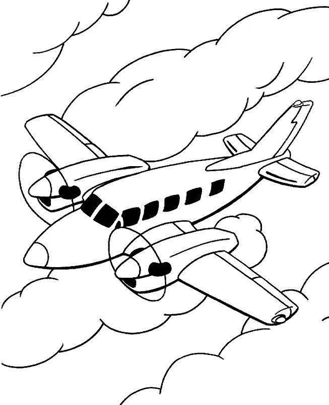 Desenho de Avião Bimotor a Hélice (Executivo) com 5 Janelas Laterais Voando em Nuvens