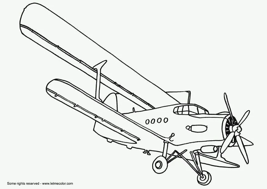 Desenho de Avião Clássico com Asas Superior e Inferior, Hélice e Trem de Pouso