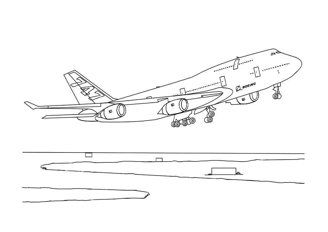 Desenho Detalhado de Avião Boeing 747 (Jumbo) Levantando Voo na Pista