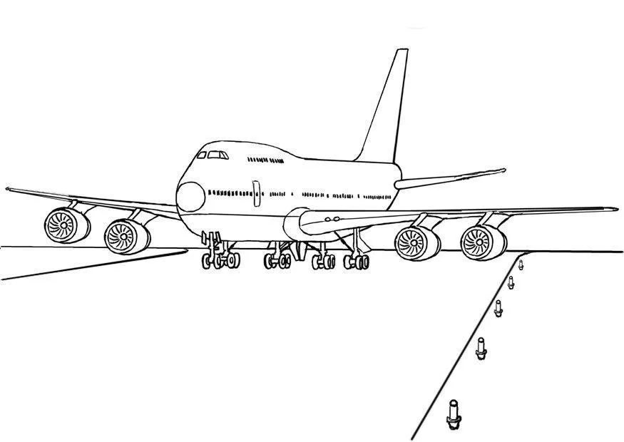 Desenho de Avião Boeing Jumbo na Pista do Aeroporto com Sinalizadores e Trem de Pouso