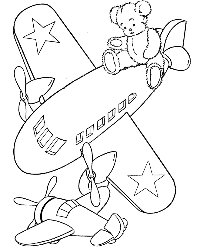 Desenho de Aviões de Brinquedo com Estrelas, Hélices e Urso de Pelúcia no Céu
