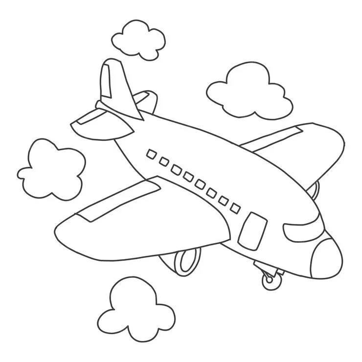 Desenho de Avião Cartoon, Gordinho e Simples, Voando Entre Nuvens