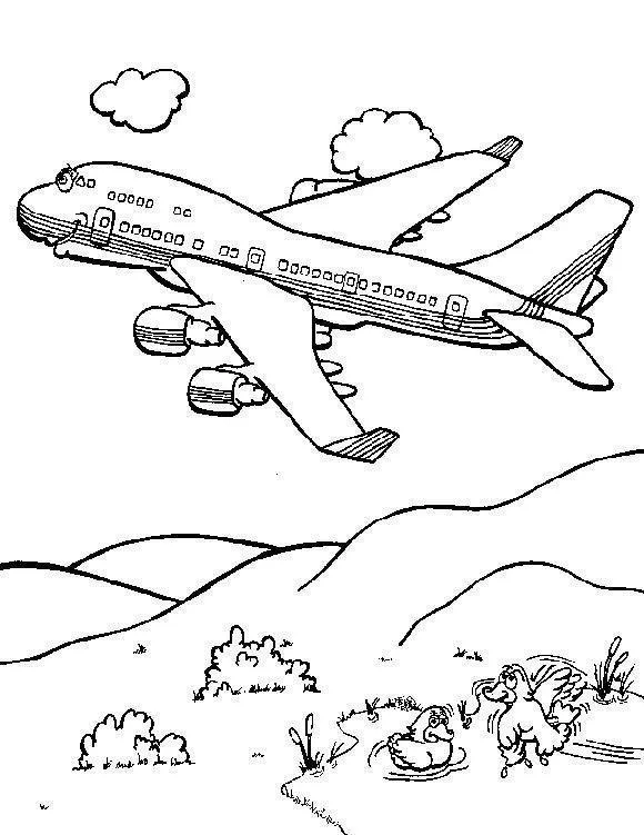 Desenho de Avião Cartoon Sorrindo sobrevoando Pasto com Patos em um Lago