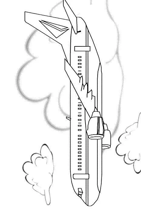 Desenho Simples de Avião Comercial Bimotor Longo Voando em Meio às Nuvens