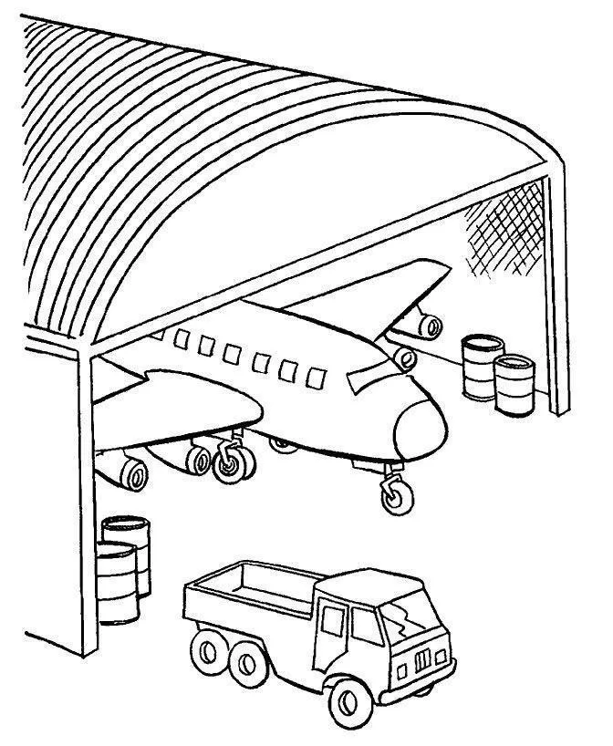 Desenho de Avião no Hangar (Manutenção) com Caminhão e Tambores de Óleo
