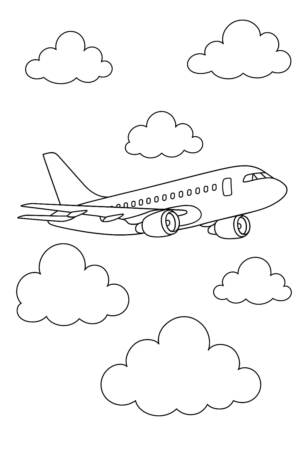 Desenho de Avião a Jato Bimotor com Grandes Turbinas Voando Entre Nuvens