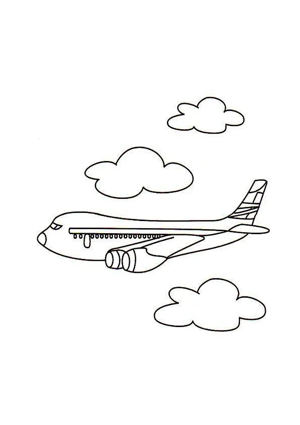 Desenho de Avião a Jato Simples em Voo entre Nuvens, Ideal para Crianças
