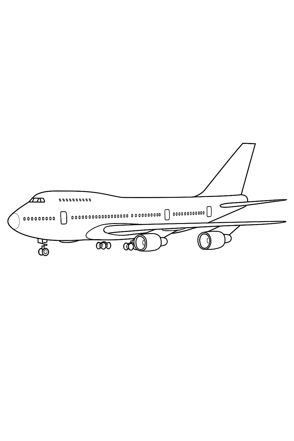 Desenho de Avião Enorme Jumbo Jet (747) com Quatro Turbinas e Duas Fileiras de Janelas