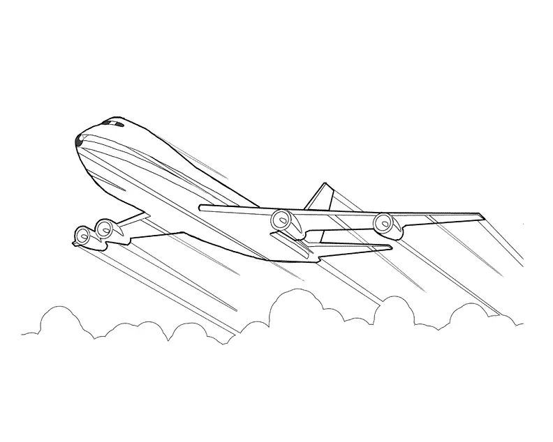 Desenho de Avião Quadrimotor (Jumbo) em Alta Velocidade Cortando Nuvens