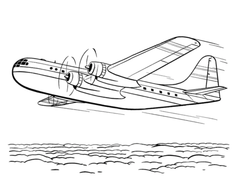 Desenho de Avião Clássico de Transporte com 4 Hélices em Voo Rápido Acima das Nuvens