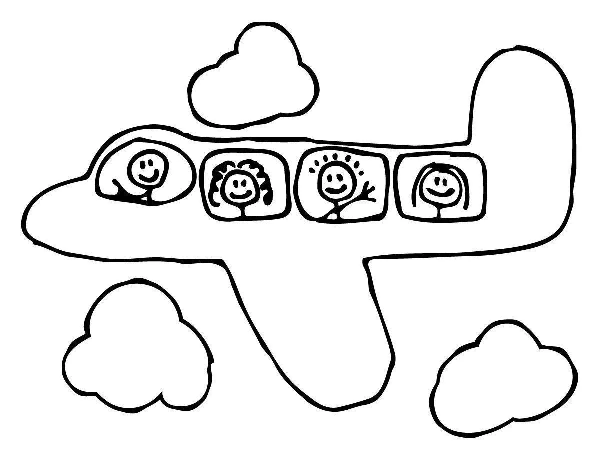 Desenho Simples de Avião de Passageiros com Quatro Crianças em Voo