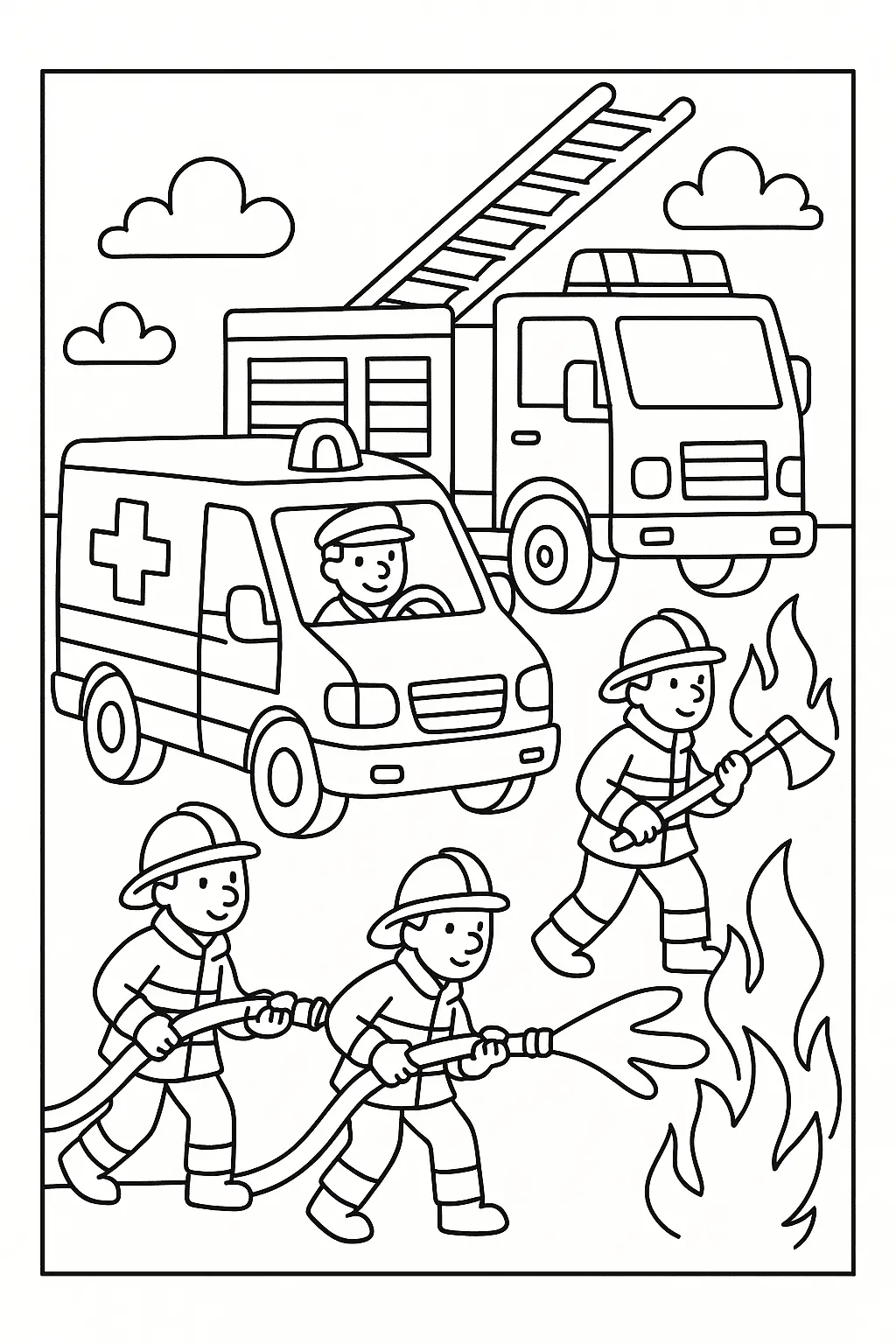 Desenho de Caminhão de Bombeiros e Ambulância em Cena de Fogo e Resgate