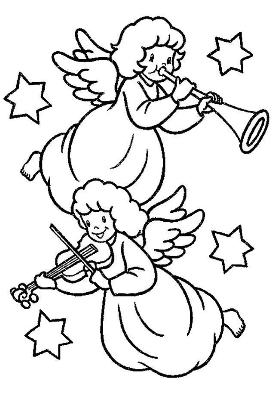 Desenho de Dupla de Anjos Músicos Tocando Trombeta e Violino entre Estrelas