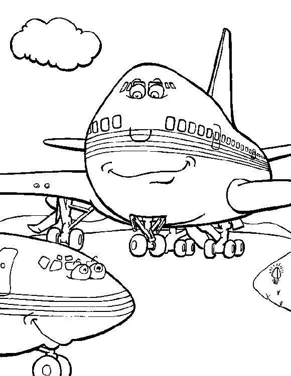 Desenho de Dois Aviões Gigantes em Estilo Cartoon Sorrindo com Olhos Esbugalhados