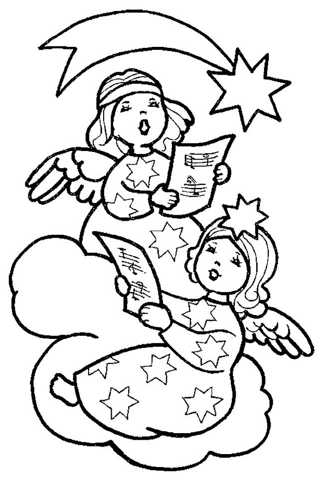 Desenho Fofo (Cartoon) de Duas Anjas Cantando Hinos de Natal nas Nuvens