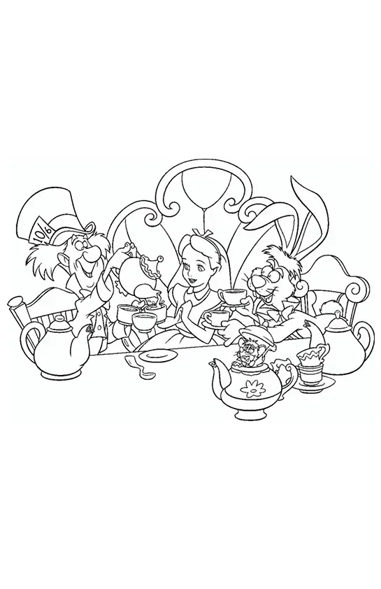Desenho da Clássica Festa do Chá Maluca com Alice, Chapeleiro e Lebre de Março