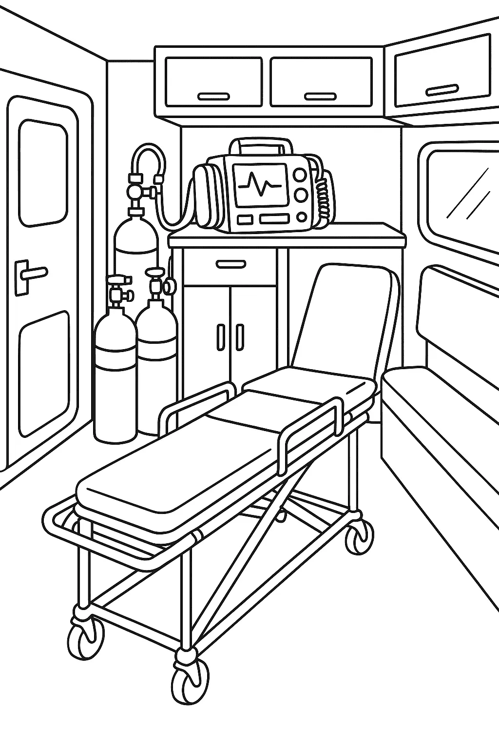 Desenho do Interior da Ambulância com Maca, Tanques de Oxigênio e Equipamento Médico