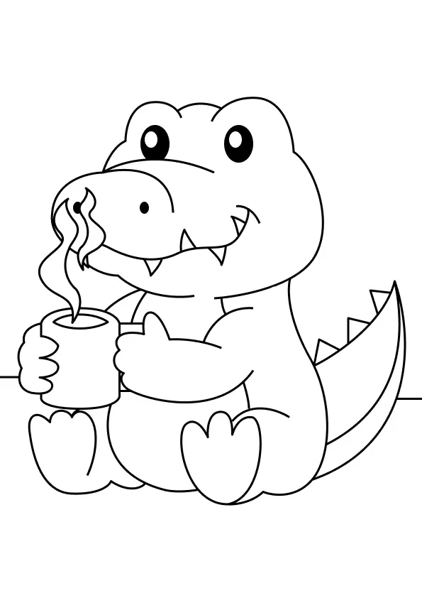 Desenho de Jacaré Bebê Fofo Segurando uma Caneca Quente