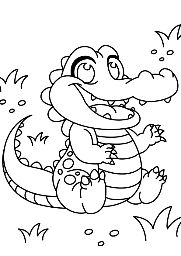 Desenho de Jacaré Bebê Sorridente Sentado no Mato