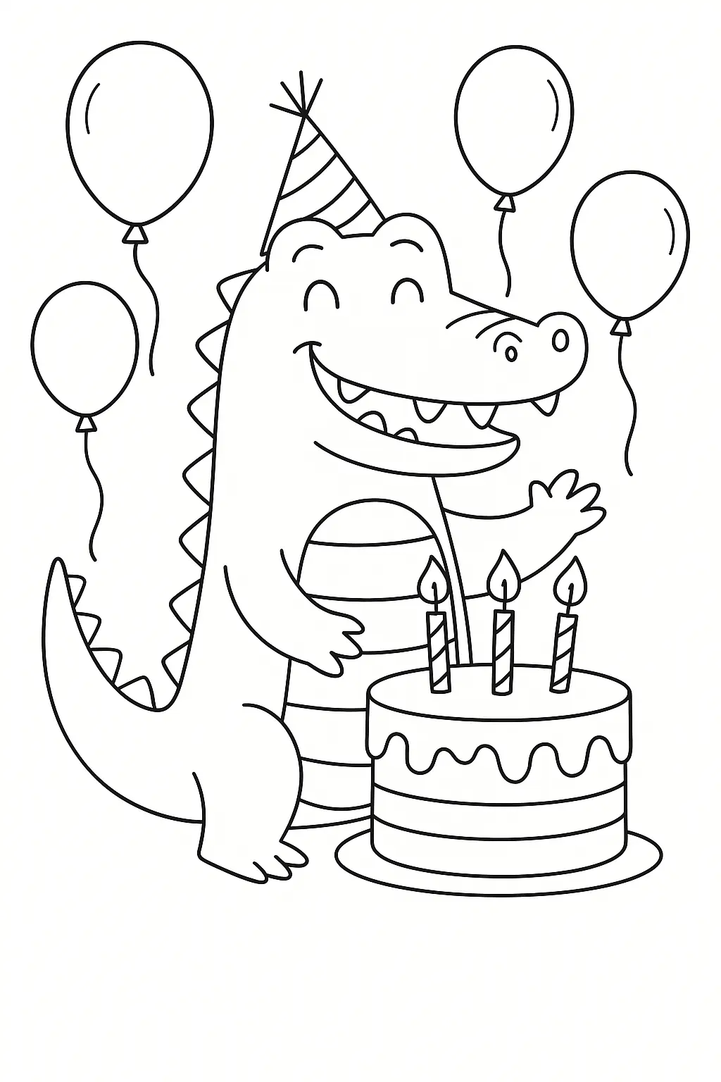Desenho de Jacaré em Festa de Aniversário com Chapéu e Bolo