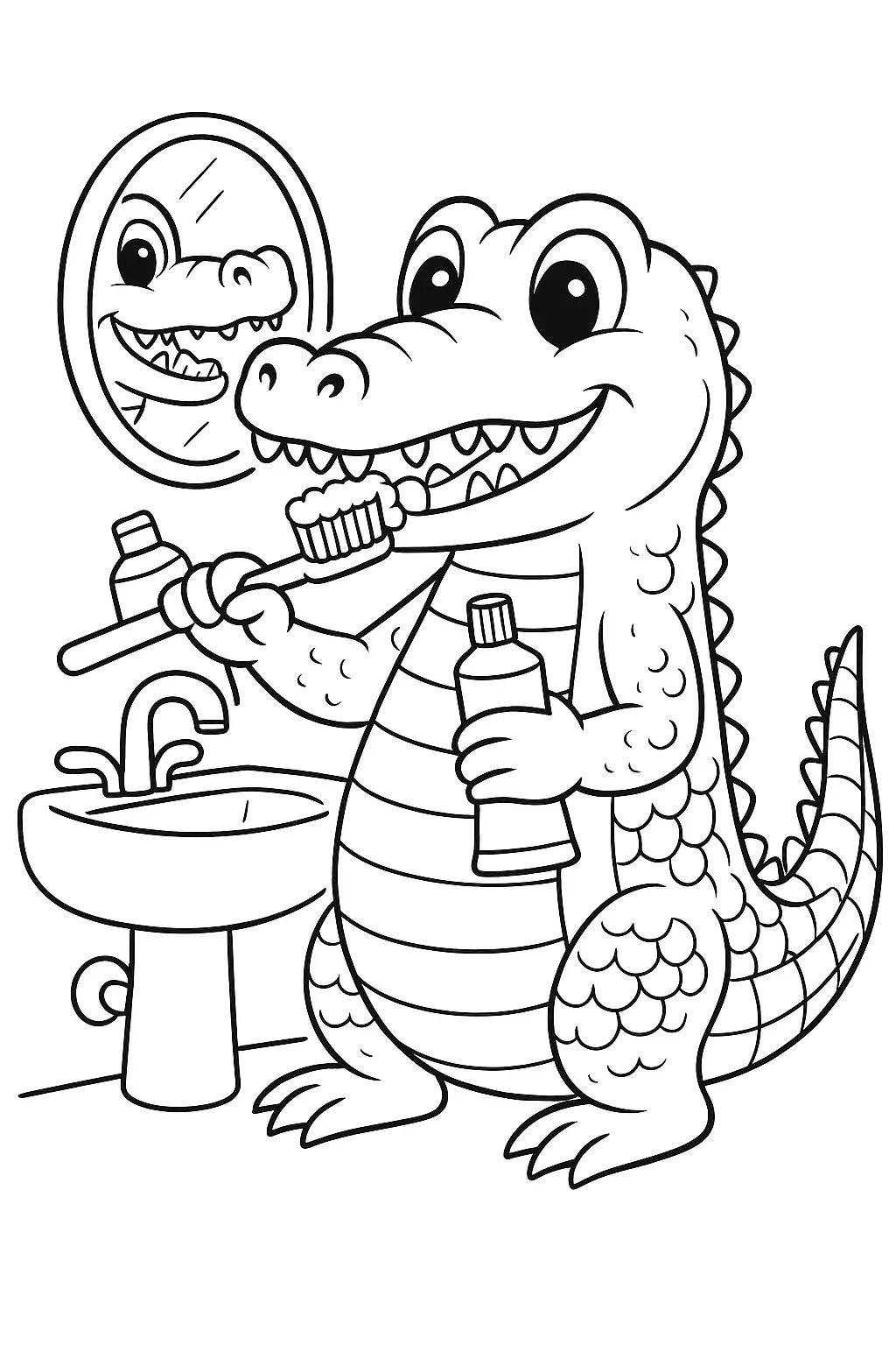 Desenho de Jacaré Feliz Escovando os Dentes com Pasta