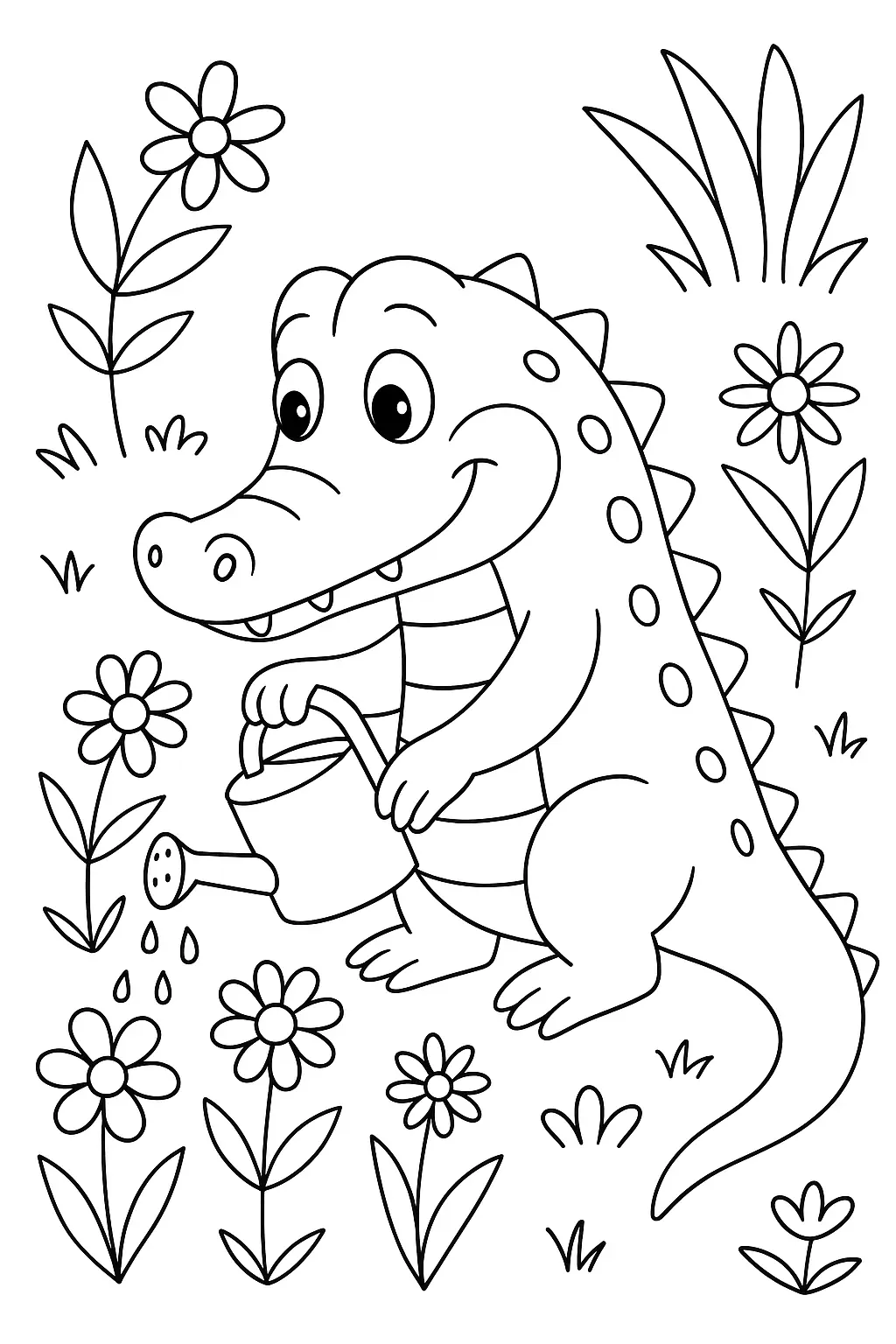 Desenho de Jacaré (Crocodilo) Feliz com Regador no Jardim