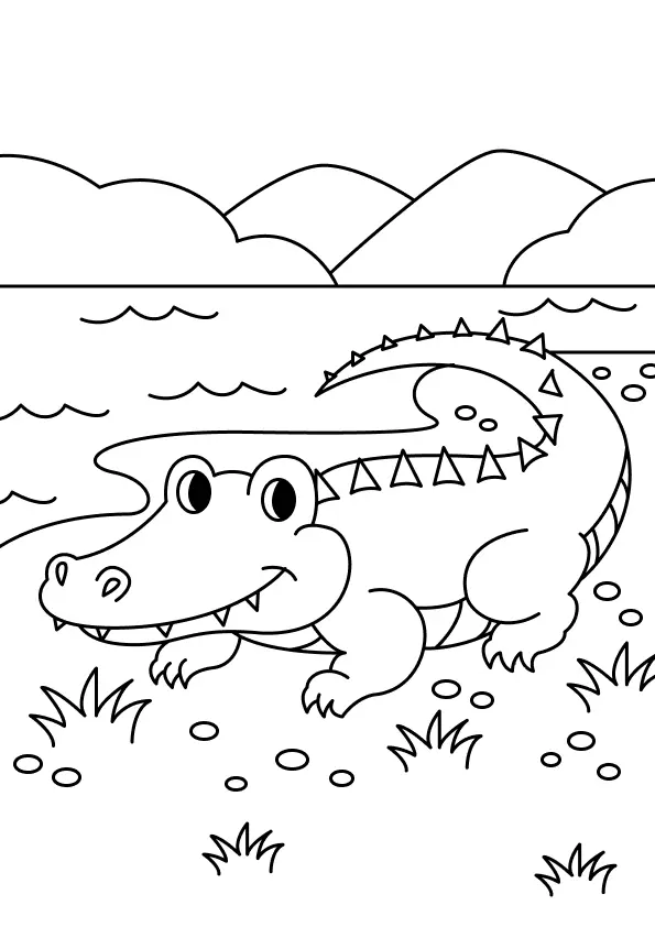 Desenho de Jacaré (Crocodilo) em Seu Habitat Natural, com Rio e Montanhas