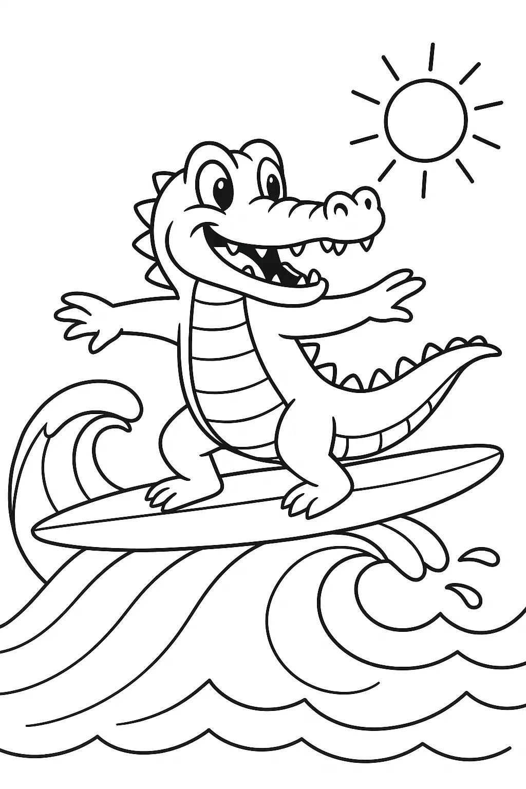 Desenho de Jacaré Surfista Feliz Pegando Ondas no Mar