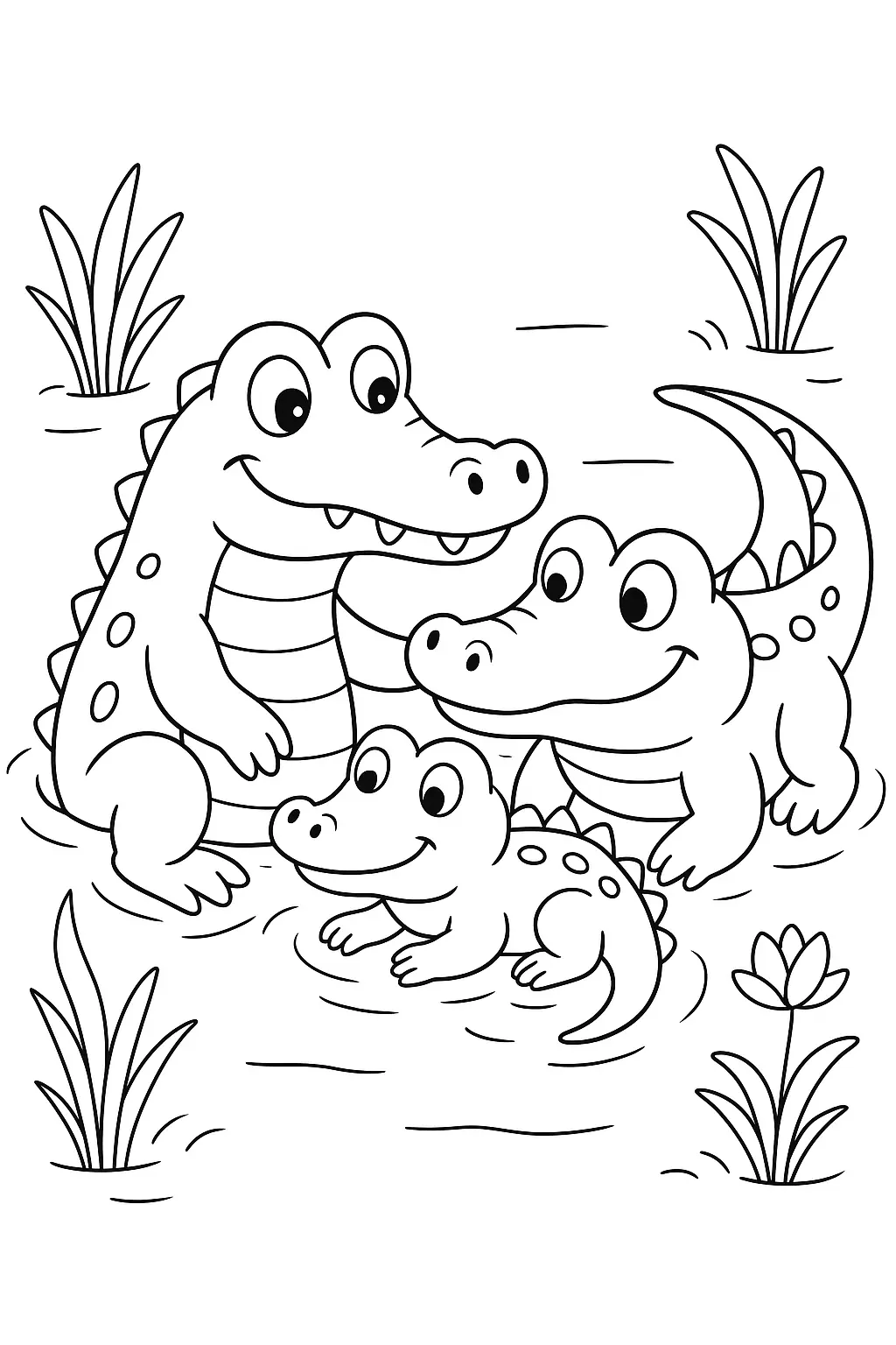 Desenho de Mãe Jacaré e Seus Dois Filhotes no Pântano