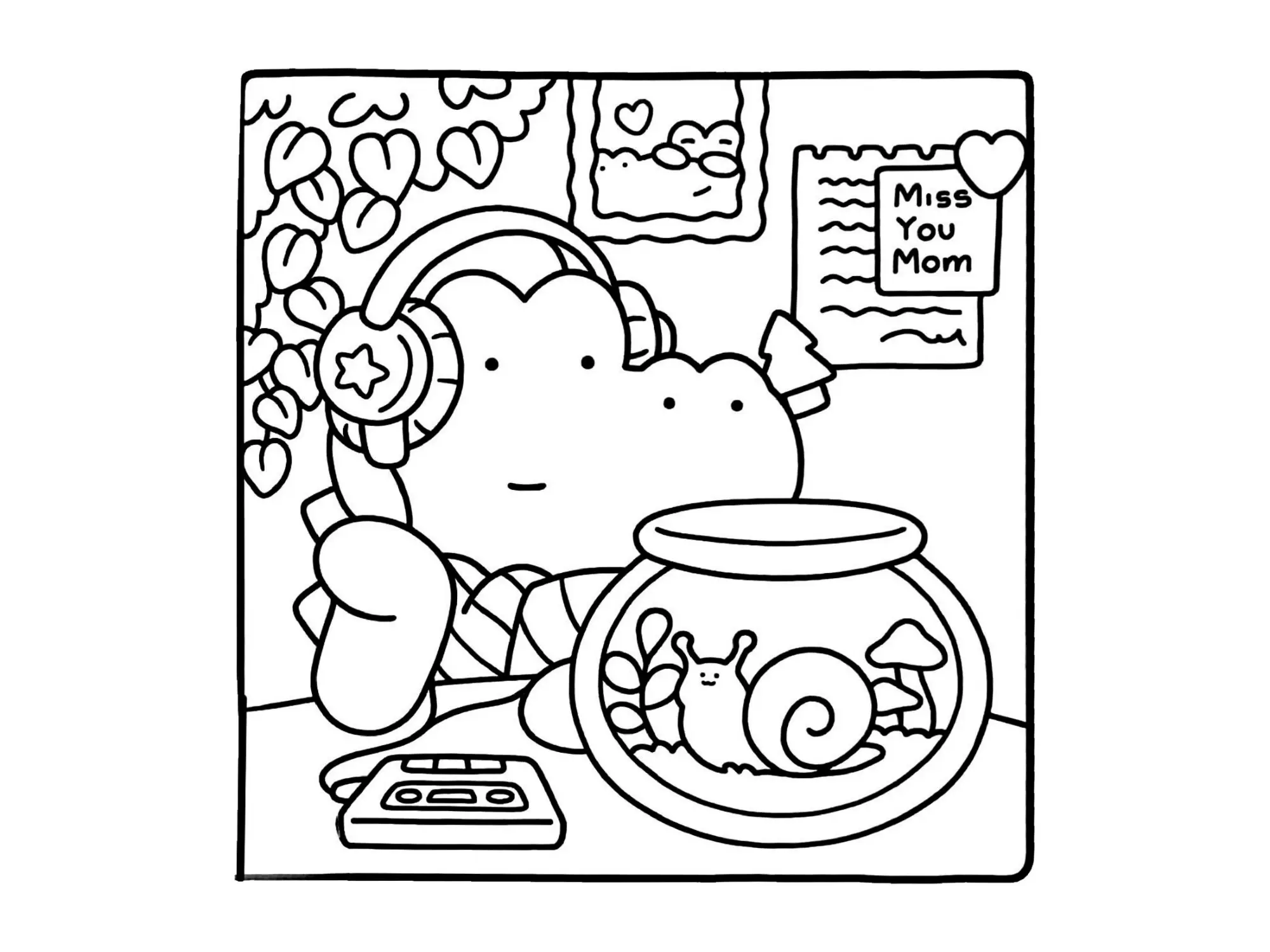 Desenho de Jacaré Fofo Ouvindo Música com Aquário e Caracol