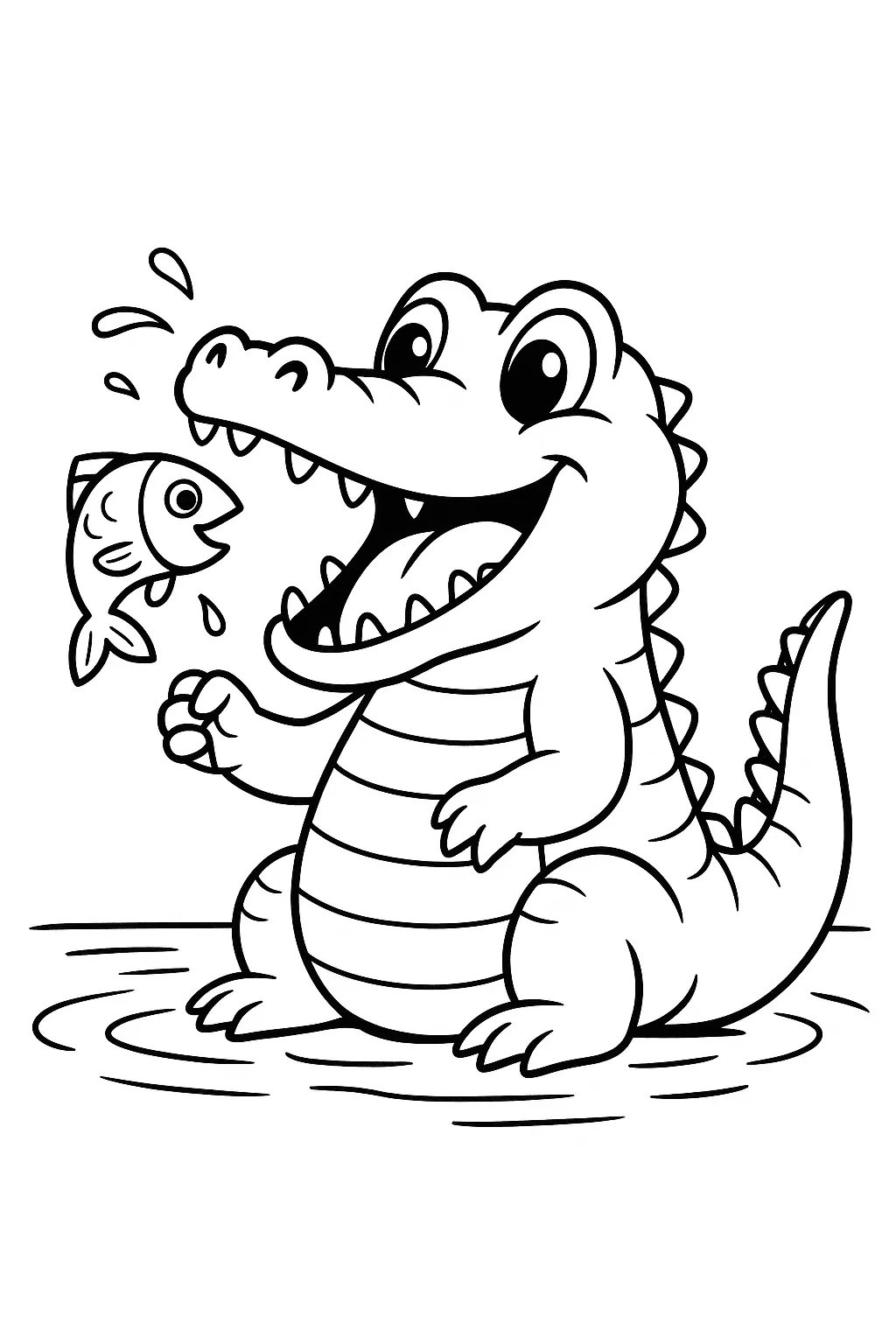 Desenho de Jacaré no Pântano Abrindo a Boca para Comer um Peixe
