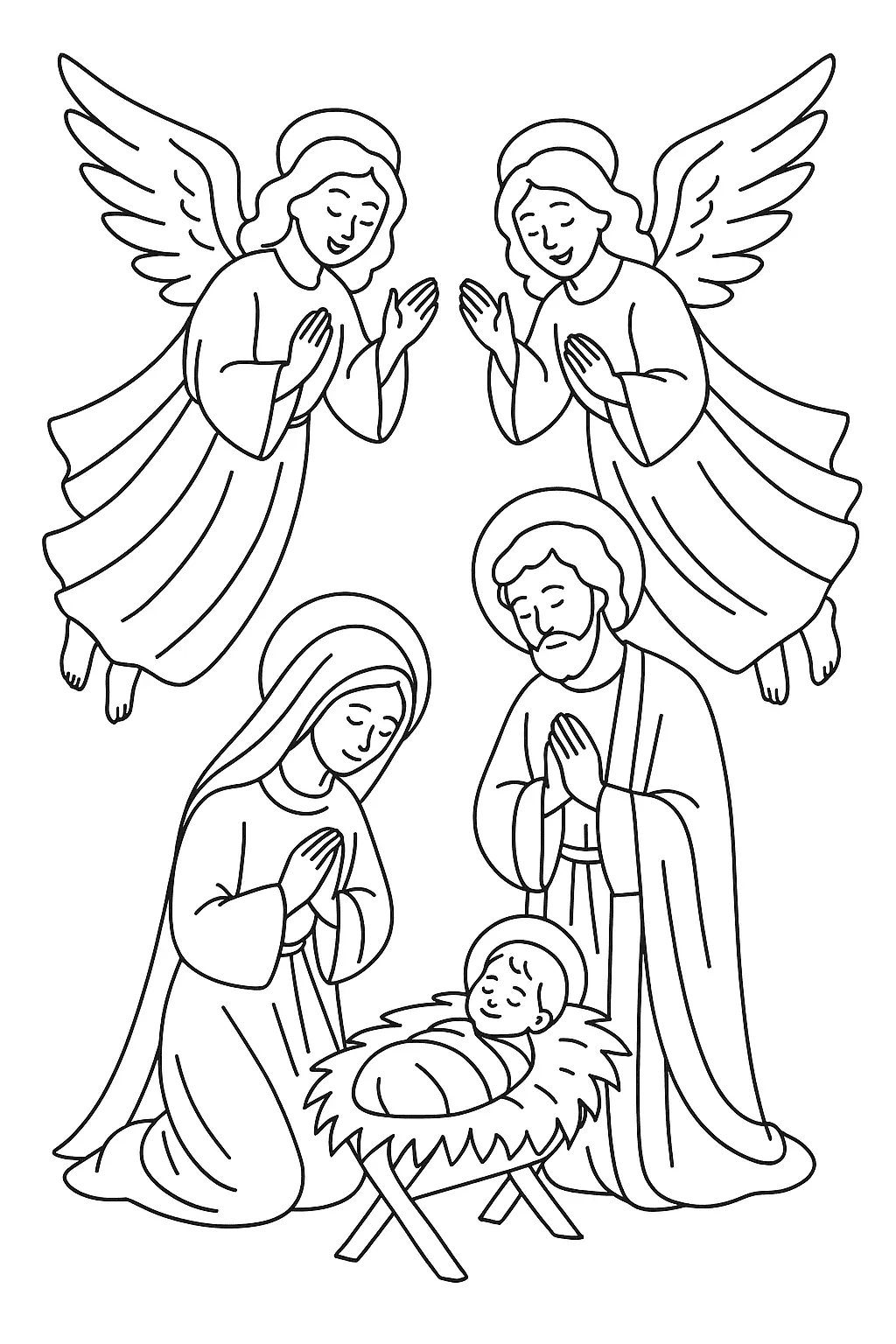 Desenho da Natividade: Maria, José, Jesus Bebê e Dois Anjos no Presépio