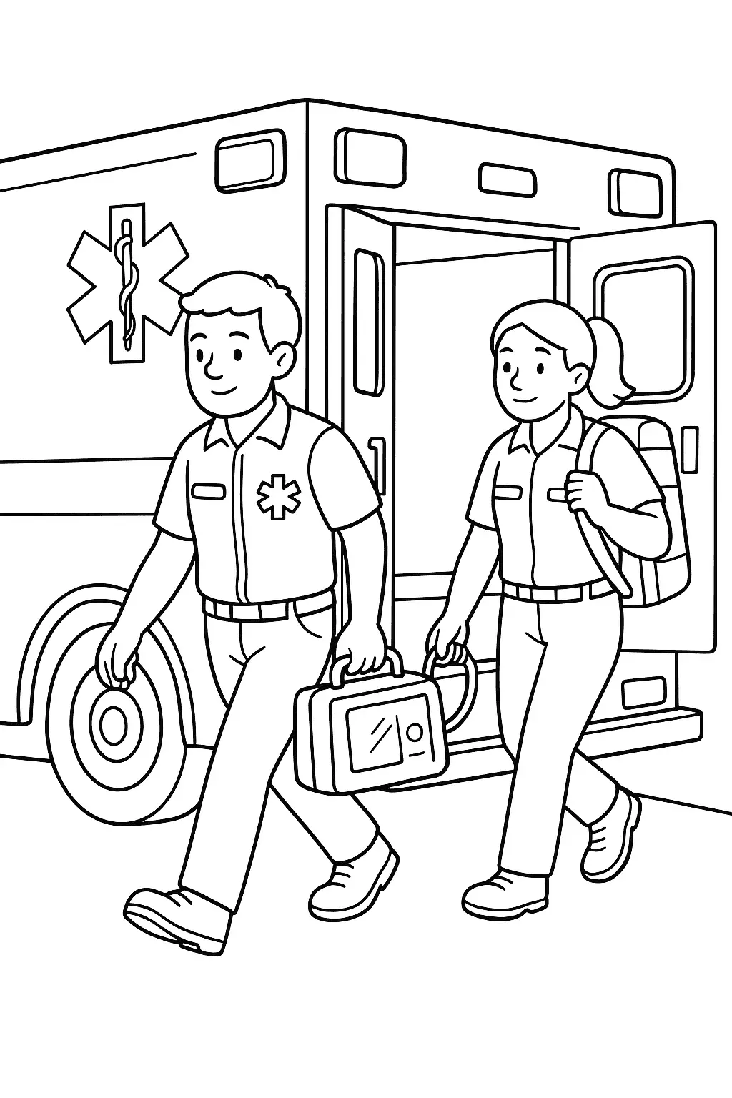 Desenho de Socorrista e Enfermeira Saindo da Ambulância com Equipamentos