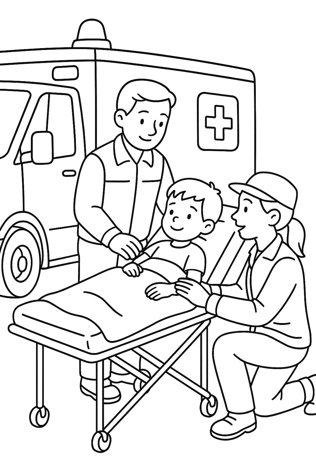 Desenho de Criança Sendo Atendida por Médico e Socorrista na Maca Perto da Ambulância