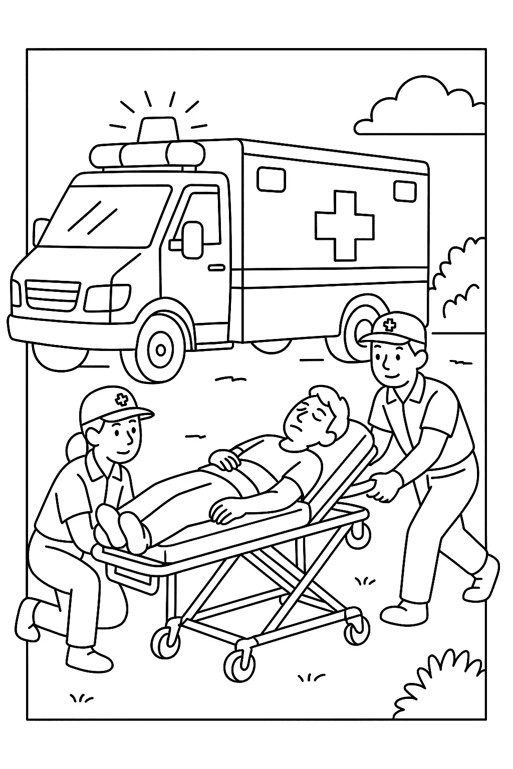 Desenho de Equipe de Resgate Carregando Paciente na Maca Perto da Ambulância