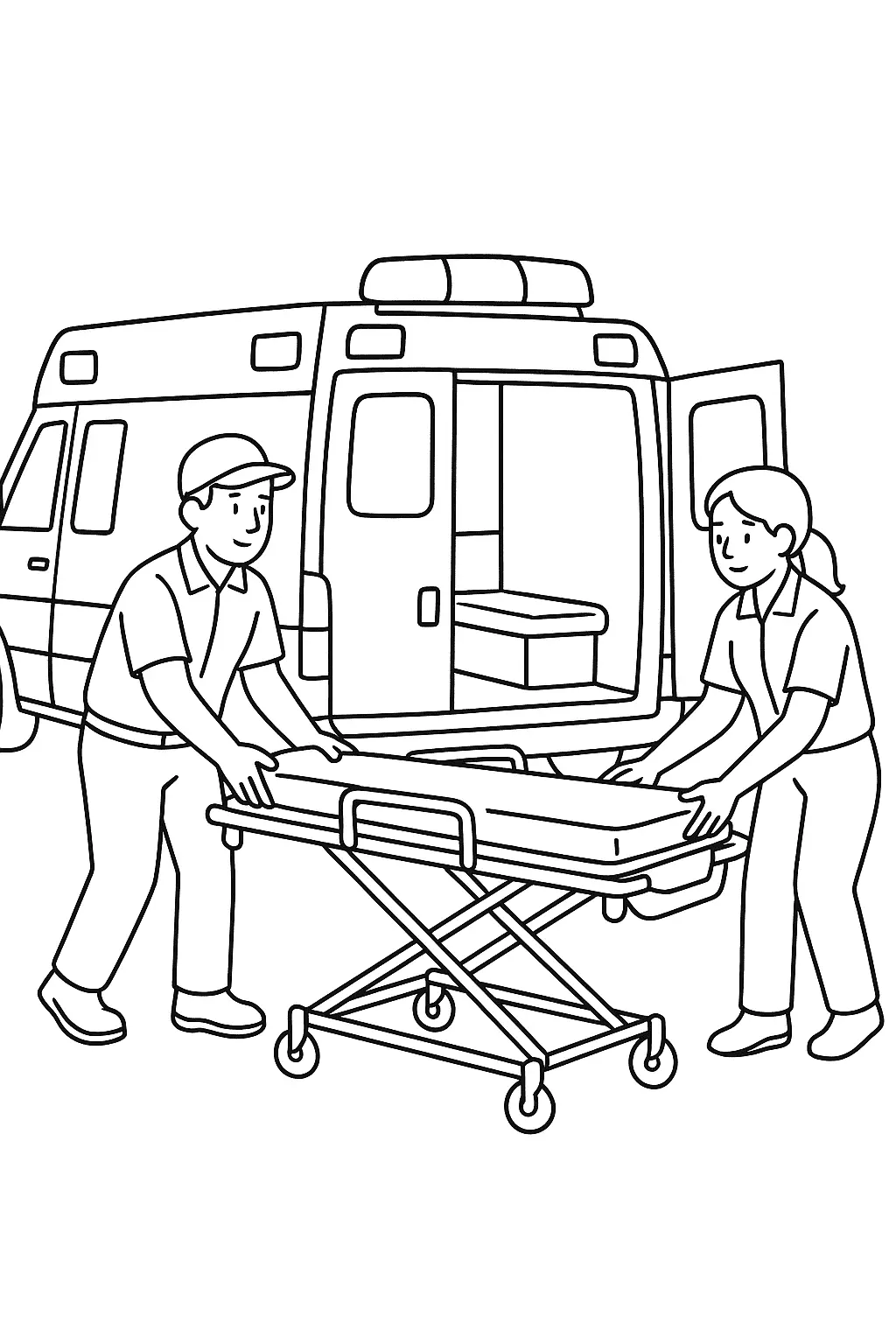 Desenho de Maca Sendo Preparada por Socorristas Próximo à Ambulância Aberta