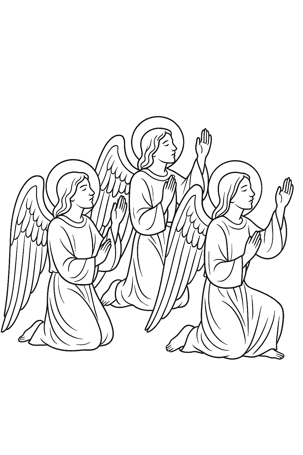 Desenho de Três Anjos com Asas e Auréolas em Postura de Oração e Adoração